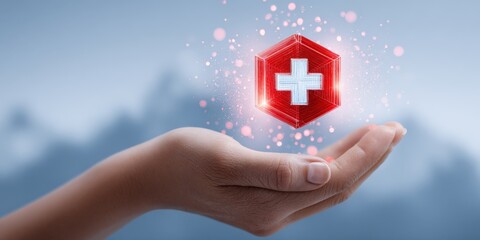 Hand holding futuristic glowing red shield with white cross symbol in sky.