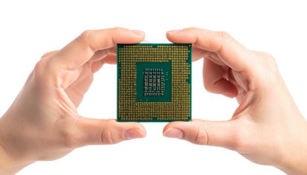 Close-up of a green AI processor chip held by human fingers isolated on solid white background