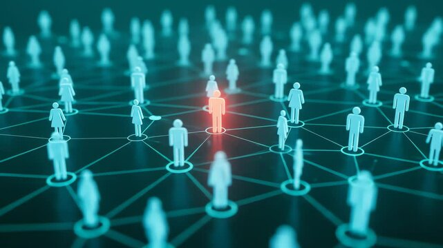 Network visualization shows interconnected figures, one highlighted in red, symbolizing social connection, influence, or a single point of failure within a system - Powered by Adobe