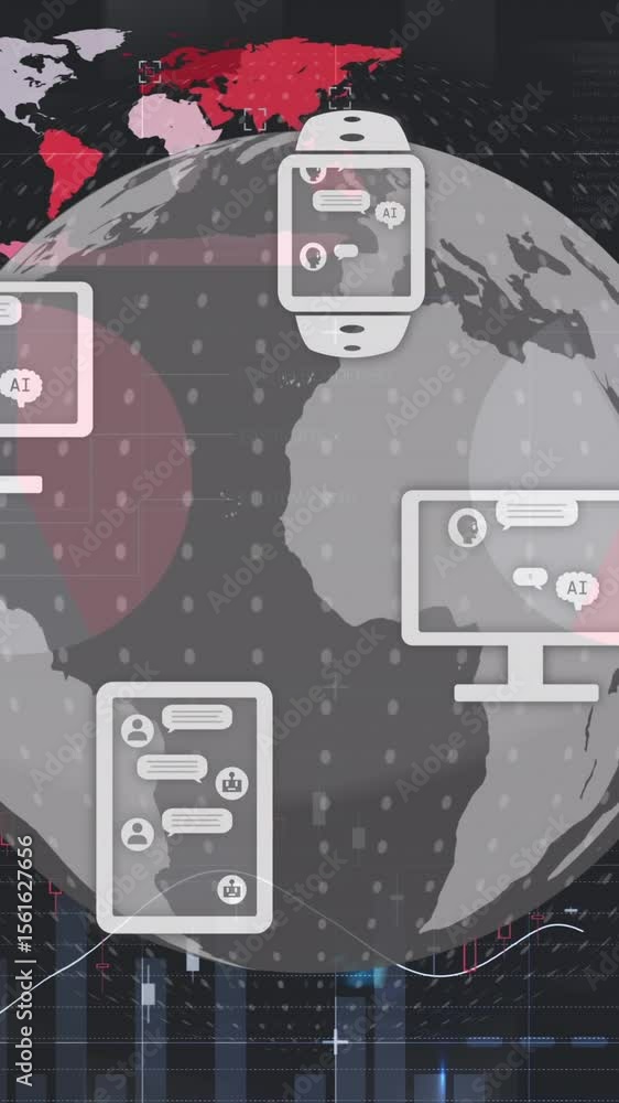 Poster animation of ai data, chat, statistics and icons over globe and binary coding