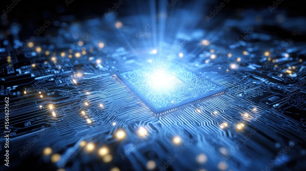 Poster Futuristic digital circuit board with glowing microchip and vibrant technology lights.