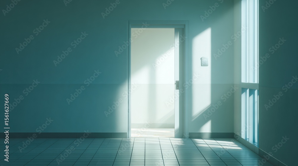 Poster Bright empty room with large windows and sunlight casting shadows on tiled floor.