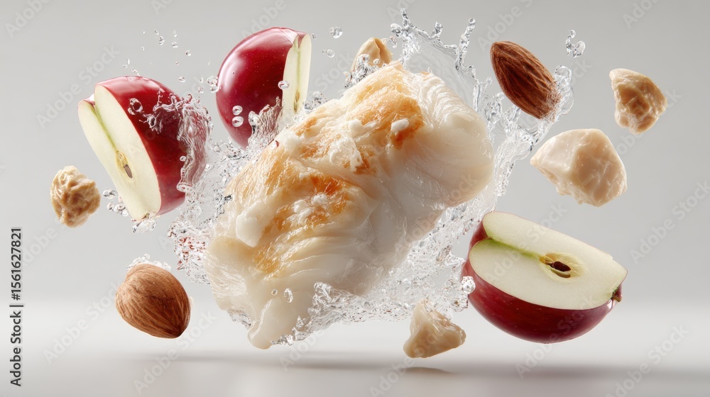 Poster Fresh apples mixed with nuts and splash of water creating dynamic explosion effect.
