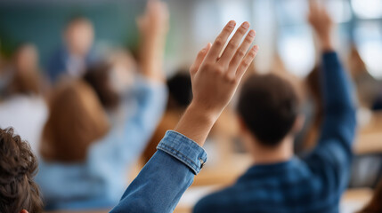 Engaged Students Raising Hands in Classroom Learning Environment
