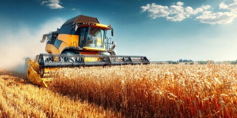 Fototapeta premium Modern yellow and black agricultural combine harvester working in golden wheat field under blue sky.