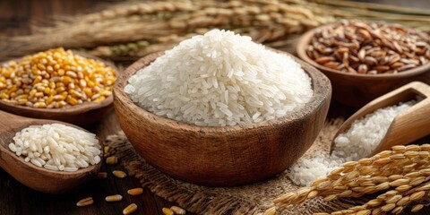 Assorted grains and rice in wooden bowls with wheat stalks on rustic fabric background.