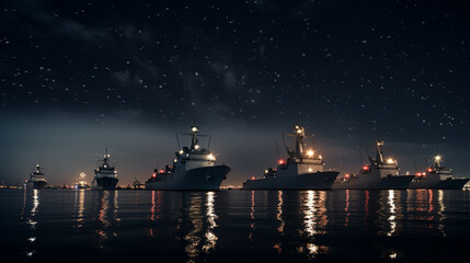 Beautiful night scene at sea. Dramatic moon over sea at night with silhouette of the ship