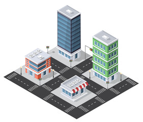 Isometric city buildings representing modern urban infrastructure