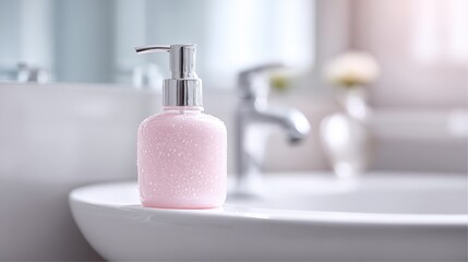 Elegant pink liquid soap dispenser with water droplets on a bathroom sink countertop.