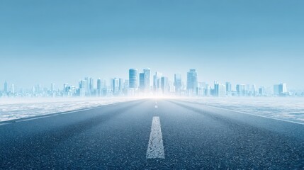 Fototapeta premium Wide empty road leading towards a modern city skyline under clear blue sky daytime.