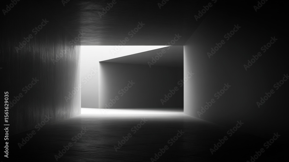 Poster minimalist modern dark corridor with bright exit and geometric architecture.