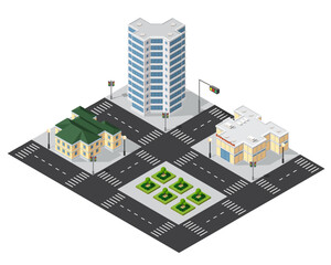 Isometric cityscape with skyscraper, supermarket, and park
