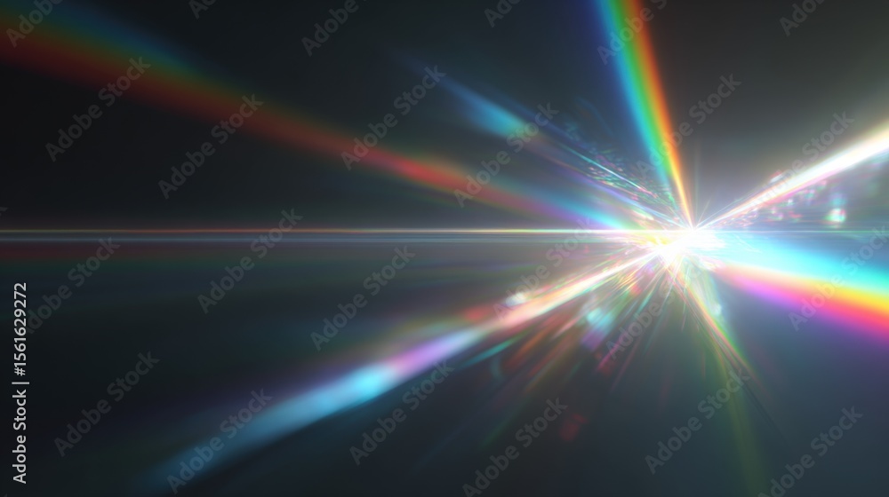 Poster vibrant colorful light spectrum with rainbow rays and luminous streaks in dark space background.