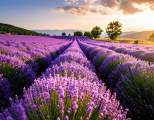 Naklejka premium Serene Lavender Field at Sunset Aromatherapy & Tranquility