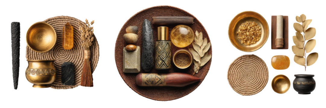 Boho Ritual Flat Lay with incense tools, golden bowls, and handcrafted spiritual objects arranged for grounding balance and sacred meditation flow
