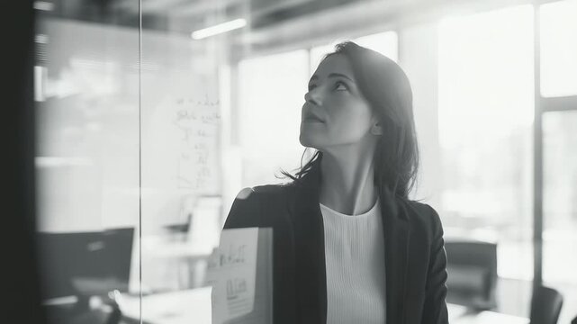 professional businesswoman in a modern office, standing in front of a whiteboard, explaining a new strategy to her colleagues. The room is filled with natural light, reflecting a,professional busi