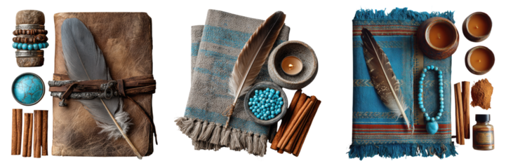 Boho Ritual Flat Lay with turquoise stones, feather journal, and cinnamon sticks styled for sacred balance and mindful spiritual intention
