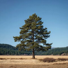 Solitary pine tree on a golden field under a clear sky