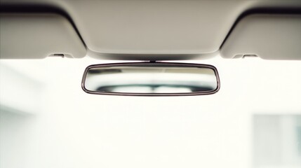 Close-up of rearview mirror inside vehicle with light-colored headliner and blurred background.