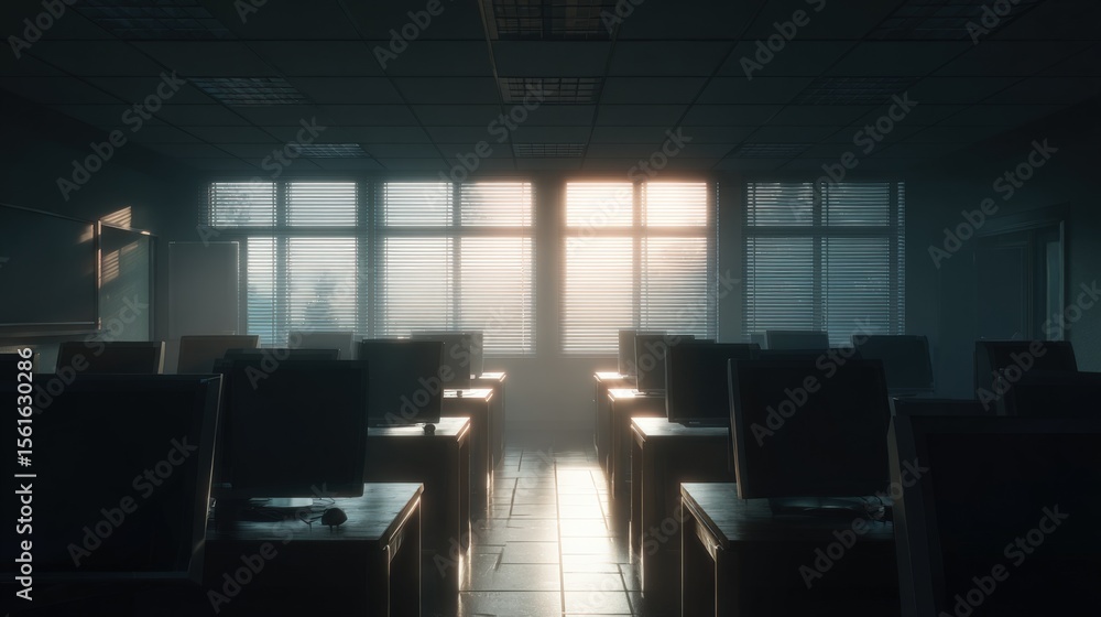 Aufkleber Bright Empty Classroom with Sunlight Streaming Through Windows and Shadows.