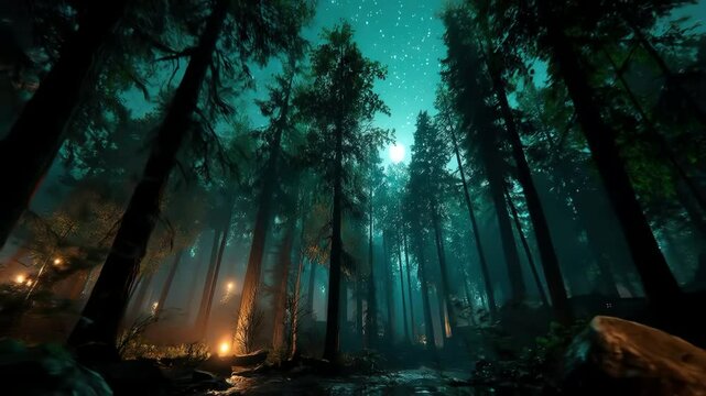 A lowangle view of a dark forest with tall trees under a night sky lit by a bright full moon