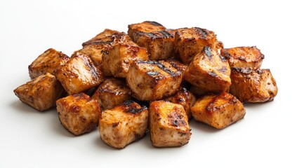 Pile of grilled chicken cubes, browned and glistening
