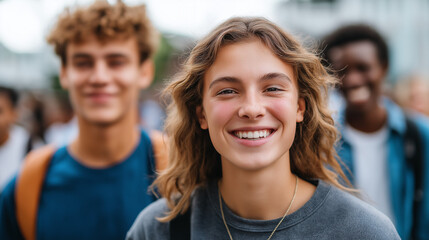 Happy students enjoying friendship and laughter on campus outdoors