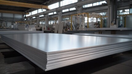 Naklejka premium Large Metal Sheets Piled in Factory Warehouse with Industrial Equipment and Overhead Lighting.