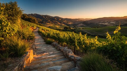 Scenic vineyard landscape with stone pathway during golden sunset in countryside.