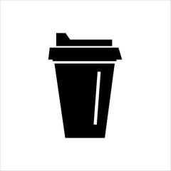 Collection of coffee cup icons in black and white. Includes mugs, to-go cups, straws, lids, and steam. Beverage and café symbols for app, web, UI, banner, menu, and print design.