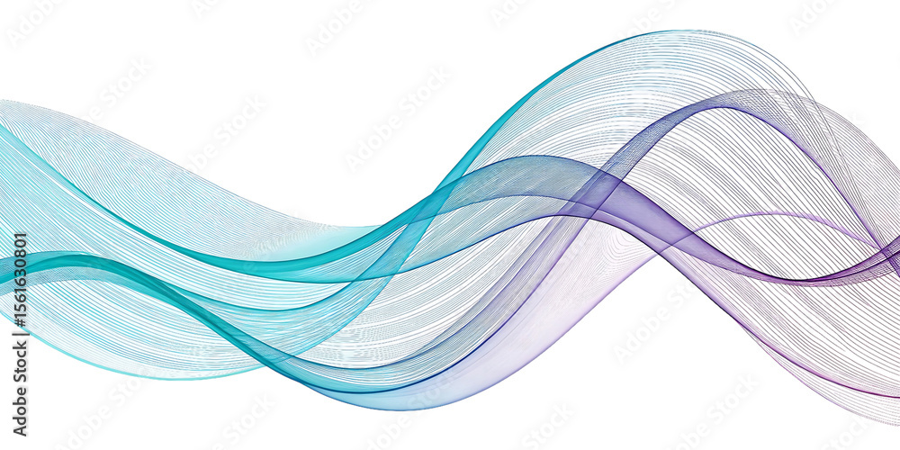 Poster abstract flowing wave lines in teal and purple isolated on transparent background