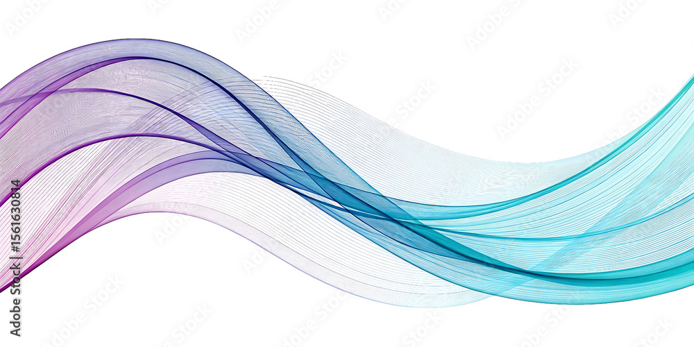 Poster flowing abstract waves of purple and teal with textured details isolated on transparent background