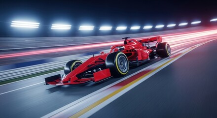 Red race car speeding on track under bright lights