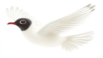 Obraz premium White bird in flight, wings outstretched, black head and tail accents