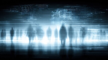 Fototapeta premium Futuristic digital cityscape with glowing silhouettes of people and data streams.