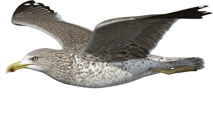 Obraz premium Grey speckled seagull in flight against white