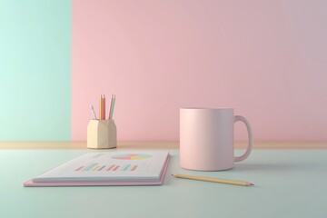 3D rendered workspace with pastel - colored elements: pink mug, geometric pencil holder with colored pencils, open notebook with charts, and a single pencil on a light - wood desk against a dual - ton