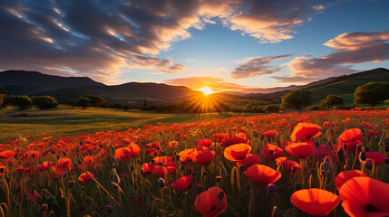 Landscape with nice sunset over poppy field - panorama