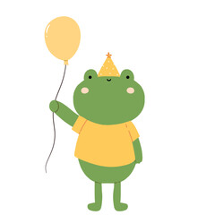 illustration of a frog wearing a birthday hat and carrying a balloon