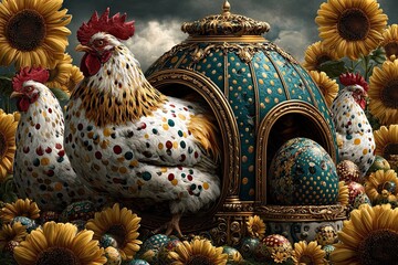 A fantasy hen house with polka-dot chickens laying colorful patchwork eggs among sunflowers, soft country charm, sunny backdrop