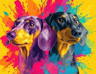 A Colorful illustration of two dachshund dogs, vibrant background, colorful explosion, vivid colors