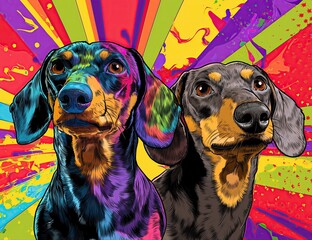 A Colorful illustration of two dachshund dogs, vibrant background, colorful explosion, vivid colors