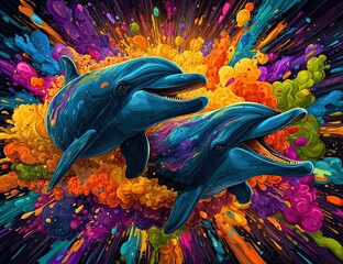 Two dolphins, psychedelic art, vibrant colors, colorful background, a colorful explosion of colors