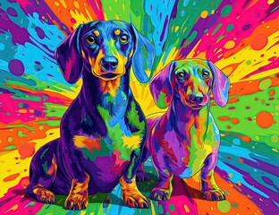 A Colorful illustration of two dachshund dogs, vibrant background, colorful explosion, vivid colors