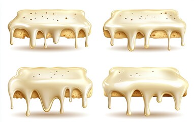 Four rectangular, light beige biscuits or crackers, coated in dripping, glossy, off-white icing