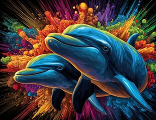 Two dolphins, psychedelic art, vibrant colors, colorful background, a colorful explosion of colors