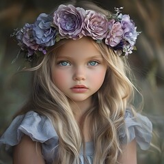 Naklejka premium Adorable Little Girl with Flower Crown, Blonde Hair, Child Portrait Photography