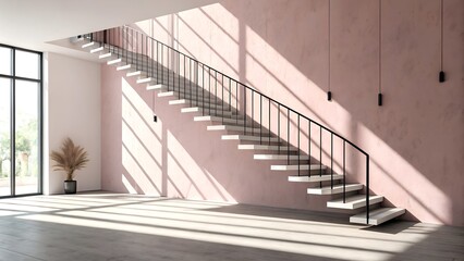 Modern Floating Staircase Bathed in Warm Sunlight and Shadows