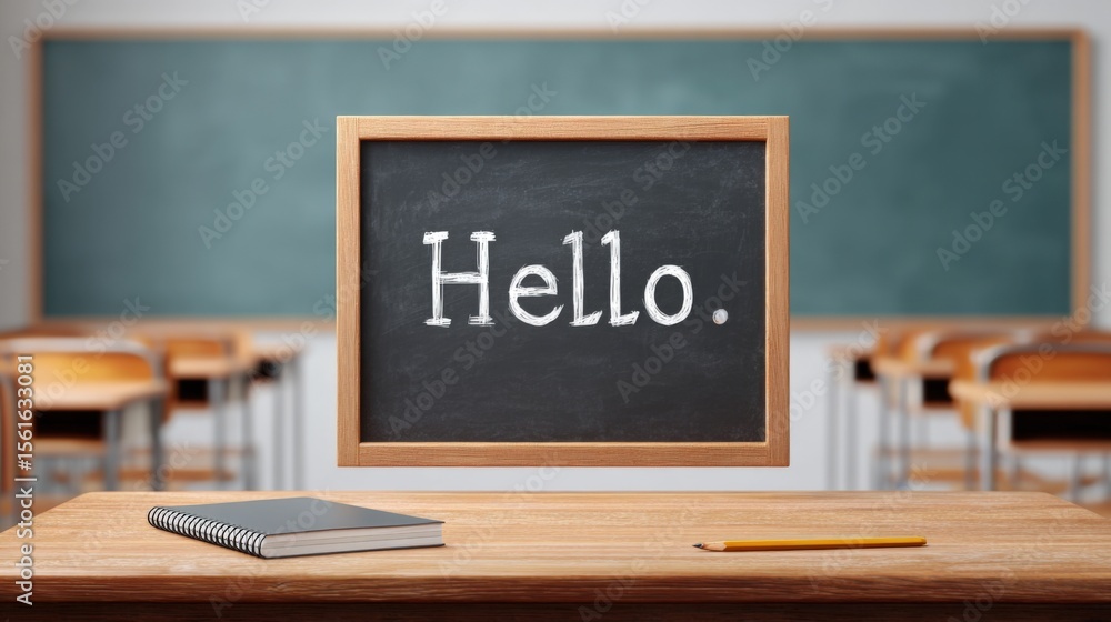 Poster Classroom scene with chalkboard displaying Hello text and empty desks in background.