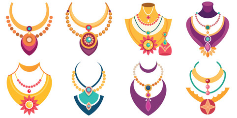 Fototapeta premium Collection of decorative necklaces and earrings in various styles vector illustrations